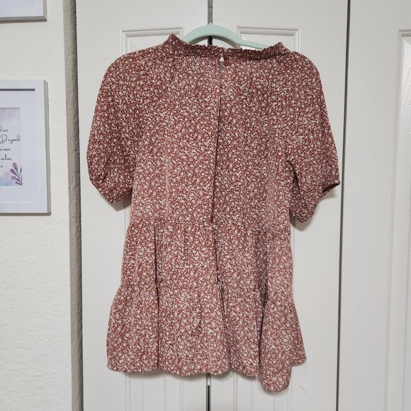 Inherit Babydoll Tiered Top – Size S – Rust Brown with Ditsy Floral – Like New - Picture 2 of 3